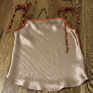 Topshop Satin Tie-Shoulder Cami Tank - Blush with Rust Trim